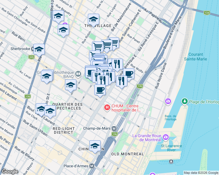 map of restaurants, bars, coffee shops, grocery stores, and more near 555 Boulevard René-Lévesque Est in Montréal