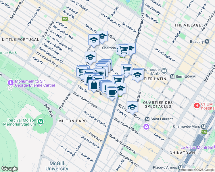 map of restaurants, bars, coffee shops, grocery stores, and more near 3510 Coloniale Avenue in Montreal
