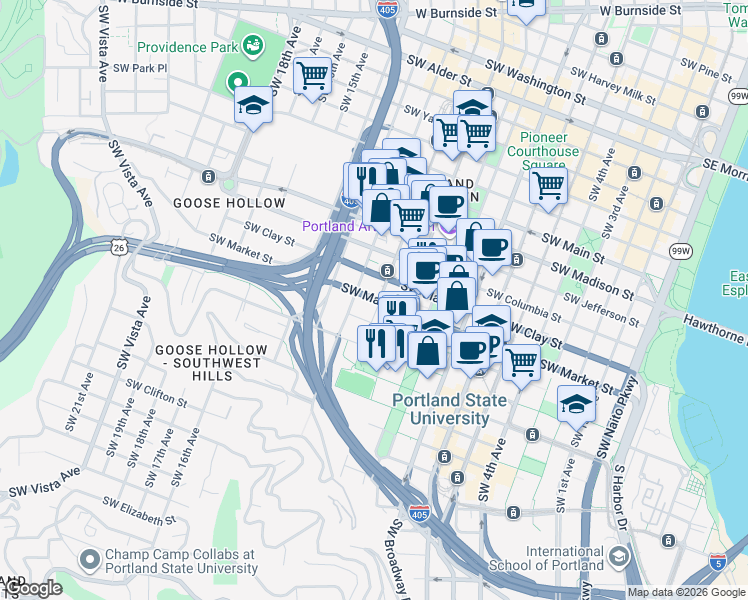 map of restaurants, bars, coffee shops, grocery stores, and more near 1122 Southwest Market Street in Portland