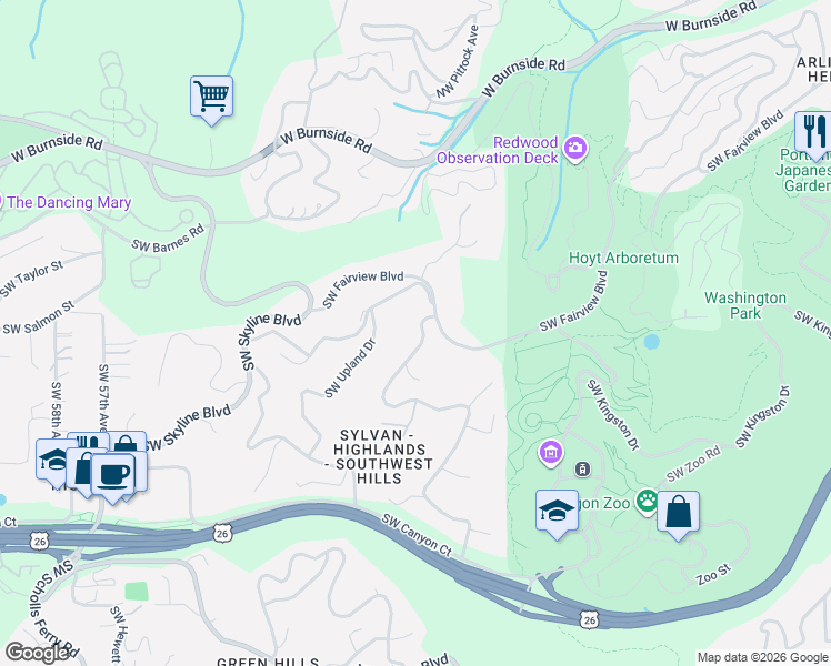 map of restaurants, bars, coffee shops, grocery stores, and more near 1211 Southwest Highland Road in Portland
