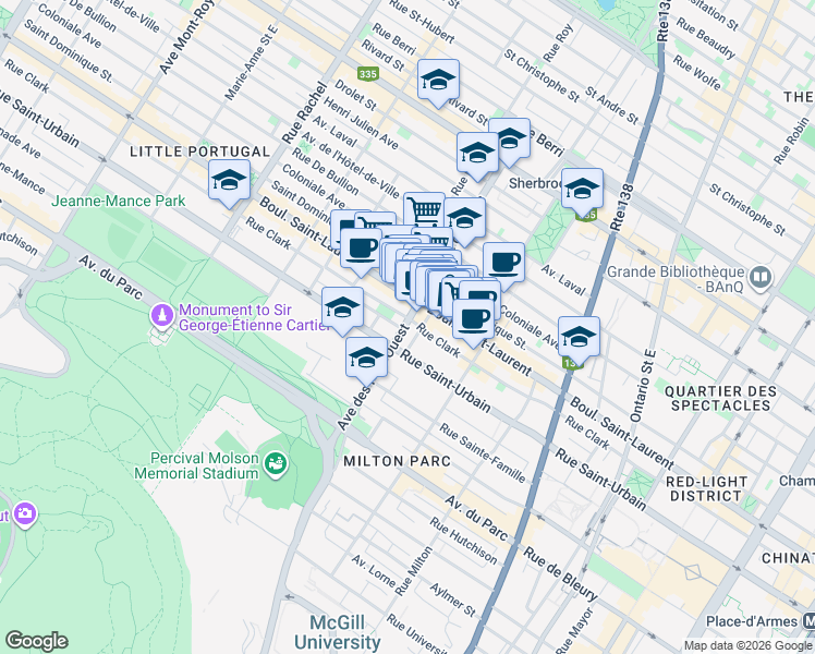 map of restaurants, bars, coffee shops, grocery stores, and more near 50 Avenue des Pins in Montréal