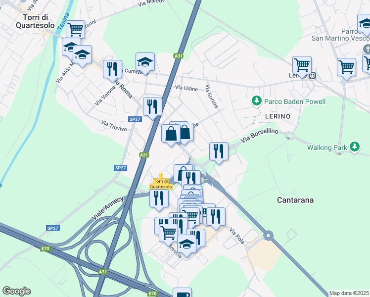 map of restaurants, bars, coffee shops, grocery stores, and more near 171 Via Roma in Torri di Quartesolo