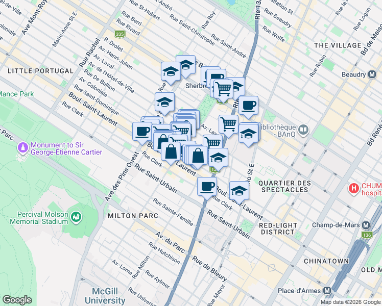 map of restaurants, bars, coffee shops, grocery stores, and more near 3528 Avenue Coloniale in Montréal