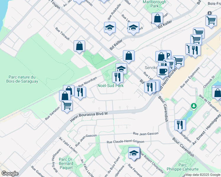 map of restaurants, bars, coffee shops, grocery stores, and more near 3056 Rue Biret in Montréal