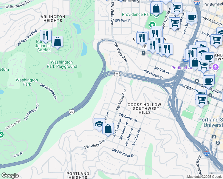 map of restaurants, bars, coffee shops, grocery stores, and more near 1863 Southwest Montgomery Place in Portland