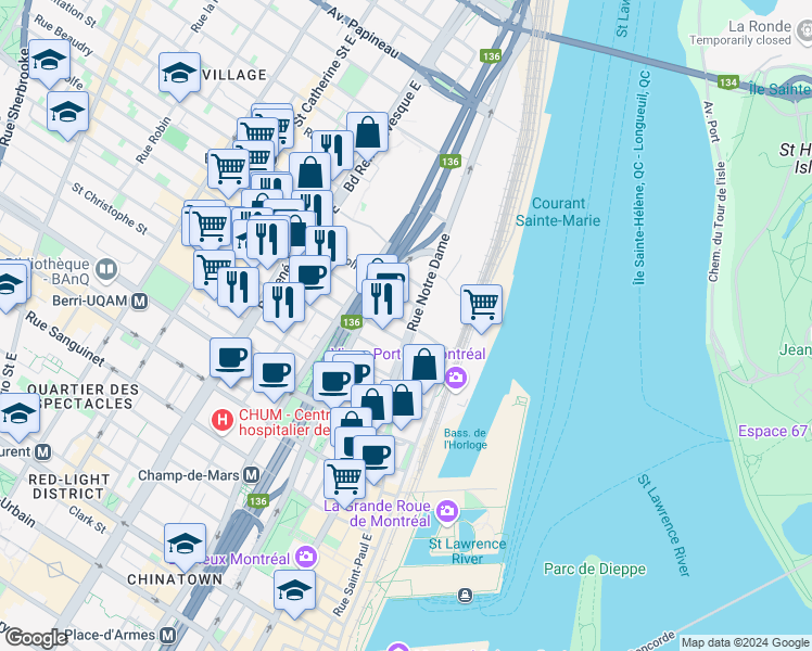 map of restaurants, bars, coffee shops, grocery stores, and more near 360 Rue Atateken in Montréal