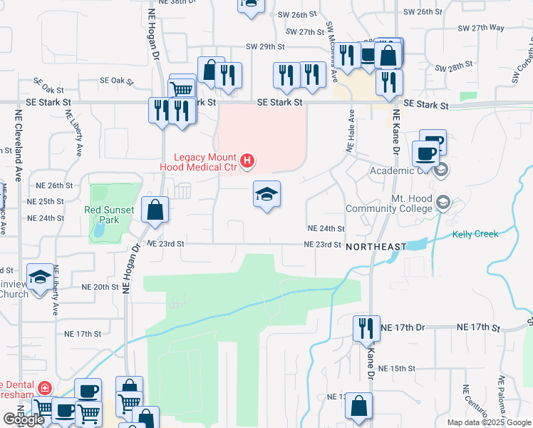 map of restaurants, bars, coffee shops, grocery stores, and more near 2505 Northeast 23rd Street in Gresham