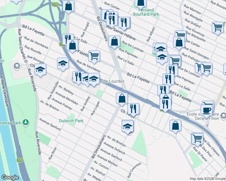 map of restaurants, bars, coffee shops, grocery stores, and more near 1034 Boulevard Taschereau in Longueuil