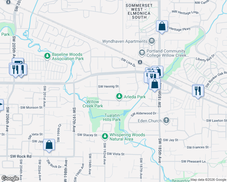 map of restaurants, bars, coffee shops, grocery stores, and more near 19165 Southwest Willow Creek Place in Beaverton
