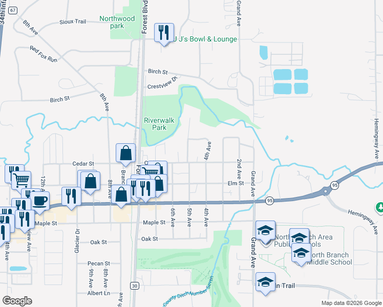 map of restaurants, bars, coffee shops, grocery stores, and more near 39037 Riverside Court in North Branch