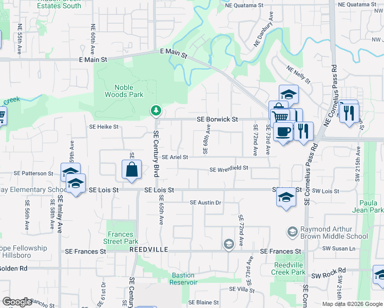 map of restaurants, bars, coffee shops, grocery stores, and more near 704 Southeast 67th Avenue in Hillsboro