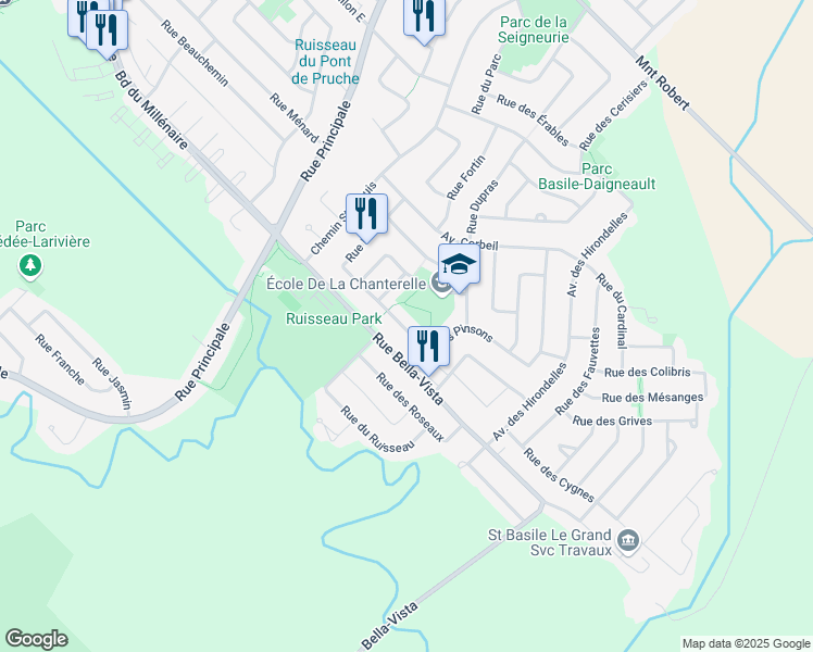 map of restaurants, bars, coffee shops, grocery stores, and more near 64 Rue Latour in Saint-Basile-le-Grand