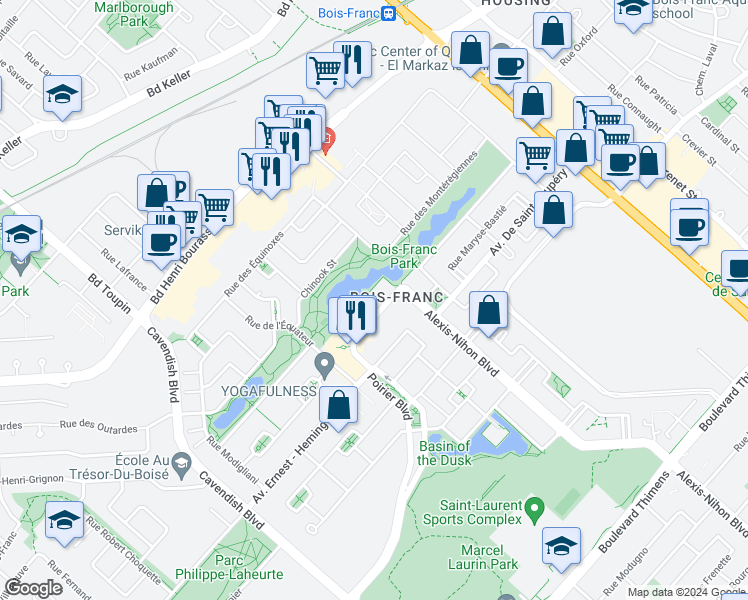 map of restaurants, bars, coffee shops, grocery stores, and more near 2455 Rue des Nations in Montréal