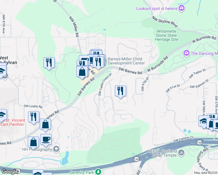 map of restaurants, bars, coffee shops, grocery stores, and more near 735 Southwest Regency Terrace in Portland