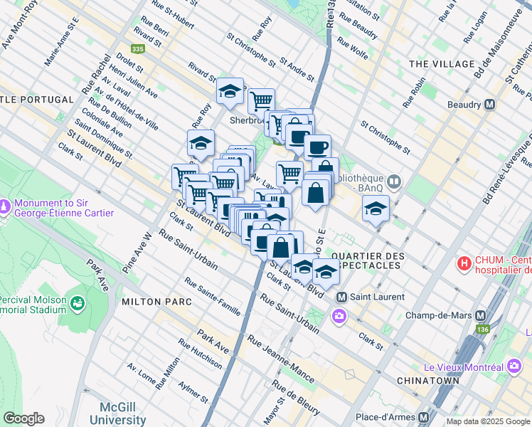 map of restaurants, bars, coffee shops, grocery stores, and more near 3435 Rue De Bullion in Montréal