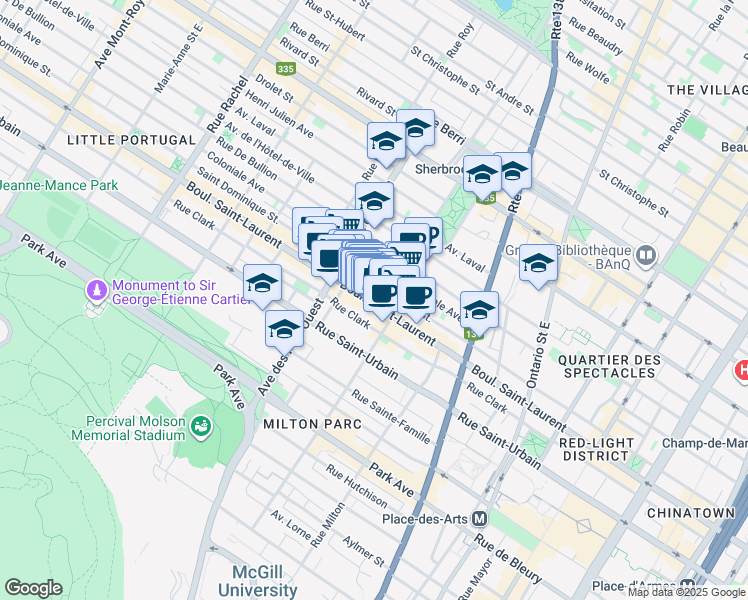 map of restaurants, bars, coffee shops, grocery stores, and more near 3643 Boulevard Saint-Laurent in Montréal