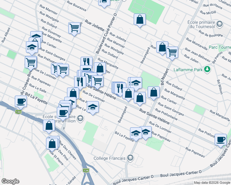 map of restaurants, bars, coffee shops, grocery stores, and more near 2096 Rue Préfontaine in Longueuil