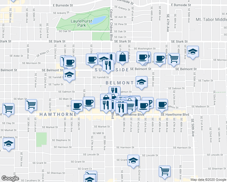 map of restaurants, bars, coffee shops, grocery stores, and more near 3909 Southeast Salmon Street in Portland