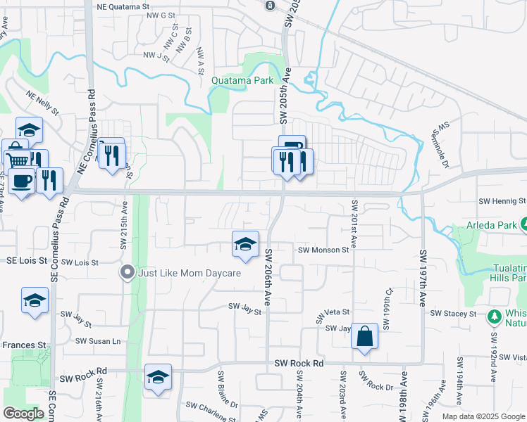 map of restaurants, bars, coffee shops, grocery stores, and more near 725 Southwest 206th Place in Aloha