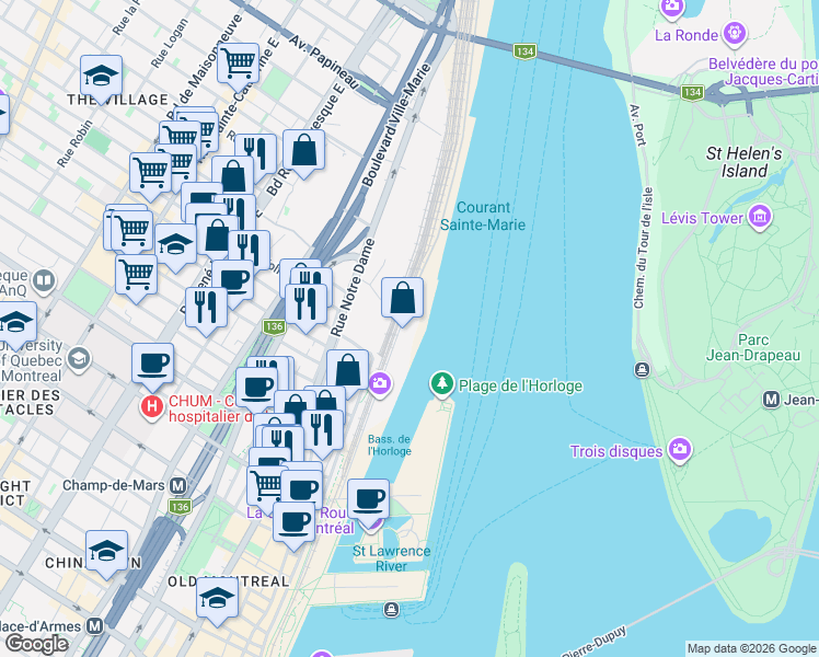 map of restaurants, bars, coffee shops, grocery stores, and more near 1000 Rue de la Commune Est in Montréal