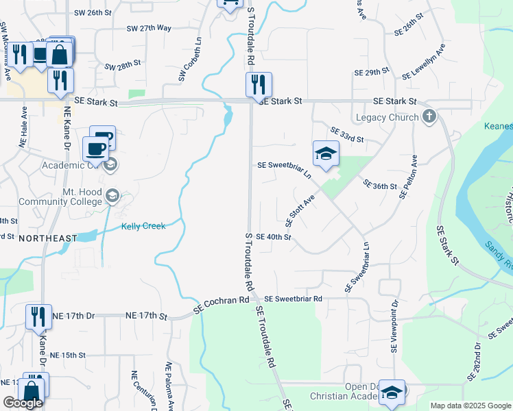 map of restaurants, bars, coffee shops, grocery stores, and more near 3727 Southeast Dora Court in Troutdale