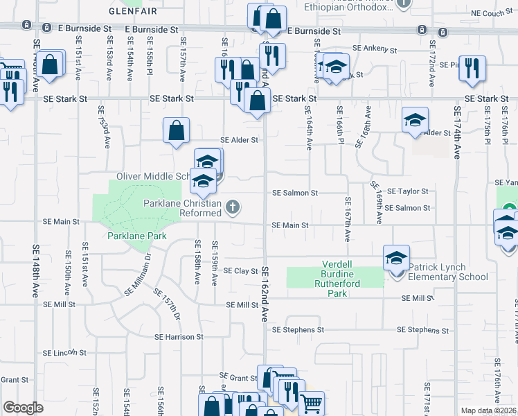 map of restaurants, bars, coffee shops, grocery stores, and more near 16107 Southeast Main Street in Portland