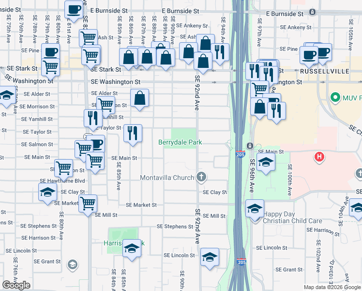 map of restaurants, bars, coffee shops, grocery stores, and more near 9004 Southeast Taylor Street in Portland