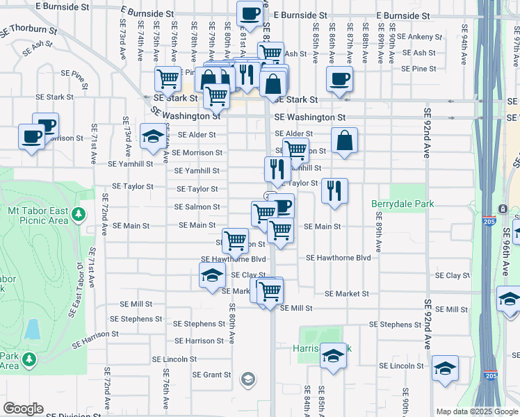 map of restaurants, bars, coffee shops, grocery stores, and more near 8106 Southeast Taylor Court in Portland