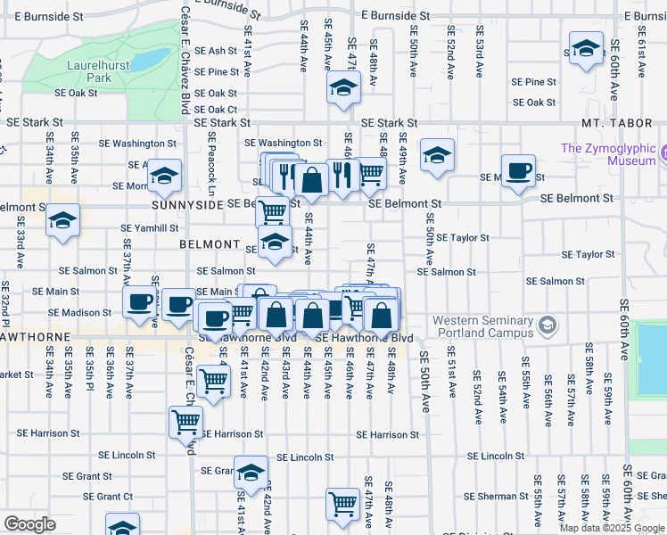 map of restaurants, bars, coffee shops, grocery stores, and more near 1134 Southeast 45th Avenue in Portland