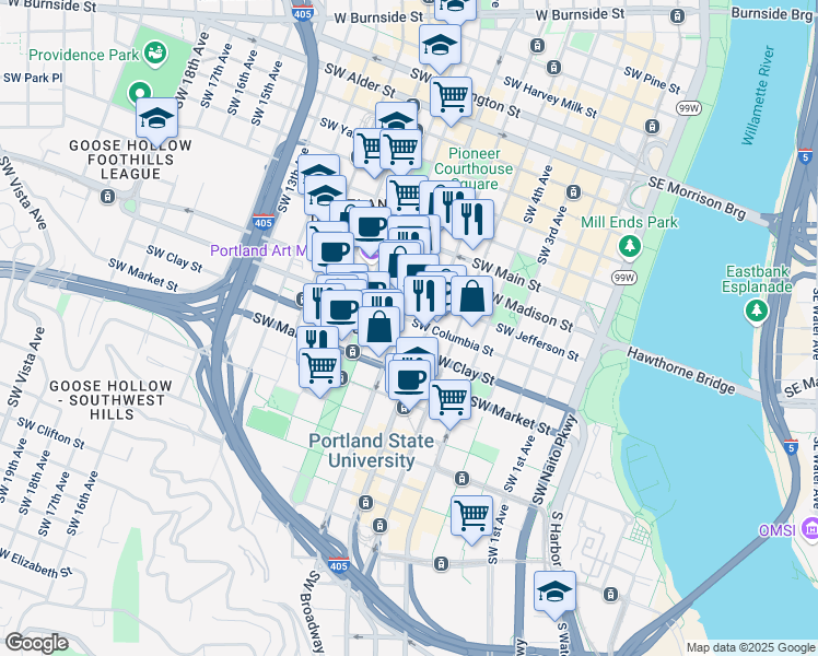 map of restaurants, bars, coffee shops, grocery stores, and more near 1406 Southwest Broadway in Portland