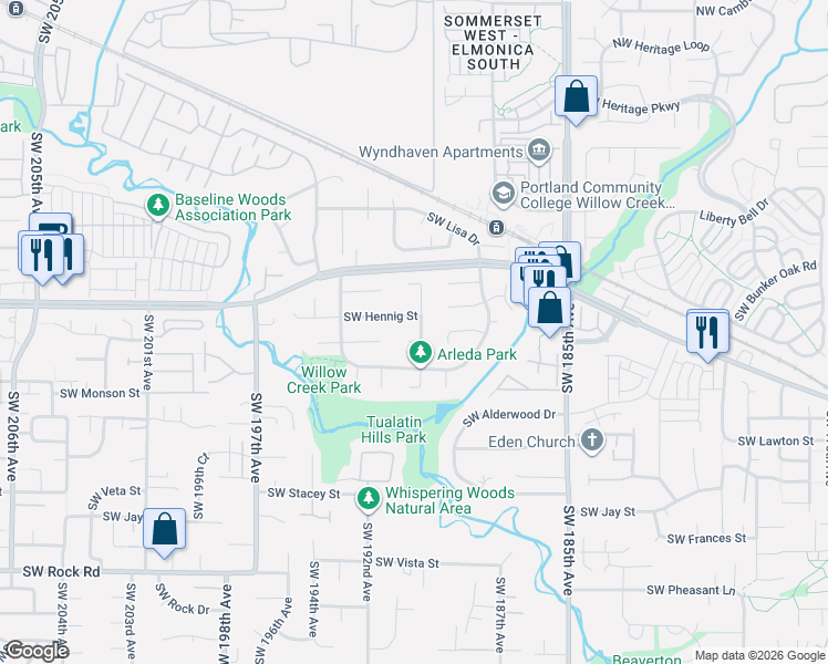 map of restaurants, bars, coffee shops, grocery stores, and more near 19165 Southwest Willow Creek Place in Beaverton