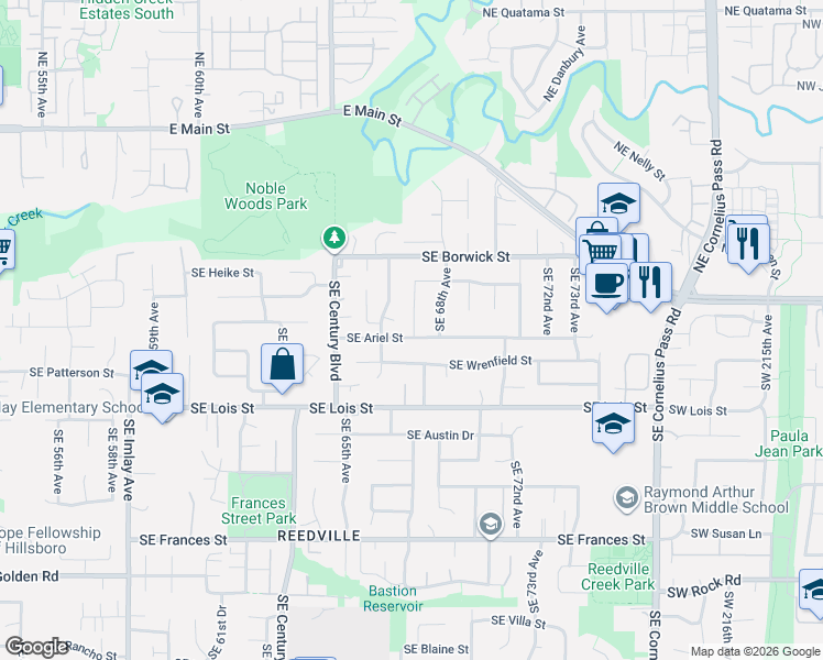 map of restaurants, bars, coffee shops, grocery stores, and more near 704 Southeast 67th Avenue in Hillsboro