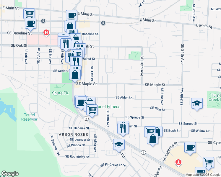 map of restaurants, bars, coffee shops, grocery stores, and more near 736 Southeast 13th Avenue in Hillsboro