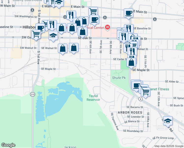 map of restaurants, bars, coffee shops, grocery stores, and more near 741 Southeast Camellia Court in Hillsboro