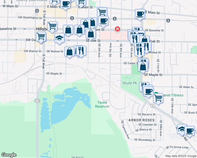 map of restaurants, bars, coffee shops, grocery stores, and more near 741 Southeast Camellia Court in Hillsboro