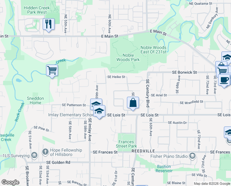 map of restaurants, bars, coffee shops, grocery stores, and more near 6134 Southeast Sigrid Street in Hillsboro