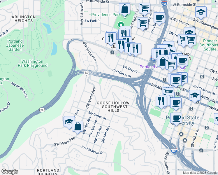 map of restaurants, bars, coffee shops, grocery stores, and more near 1828 Southwest 18th Avenue in Portland