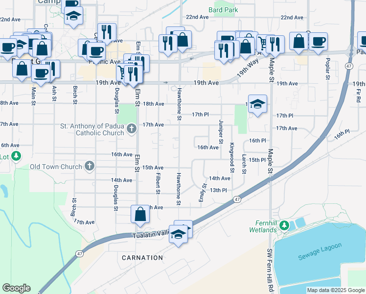 map of restaurants, bars, coffee shops, grocery stores, and more near 1617 Hawthorne Street in Forest Grove