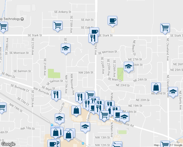 map of restaurants, bars, coffee shops, grocery stores, and more near 354 NW 25th St in Gresham