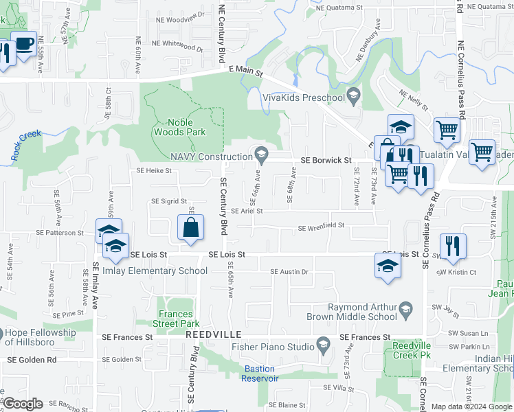 map of restaurants, bars, coffee shops, grocery stores, and more near 6603 Southeast Ariel Street in Hillsboro