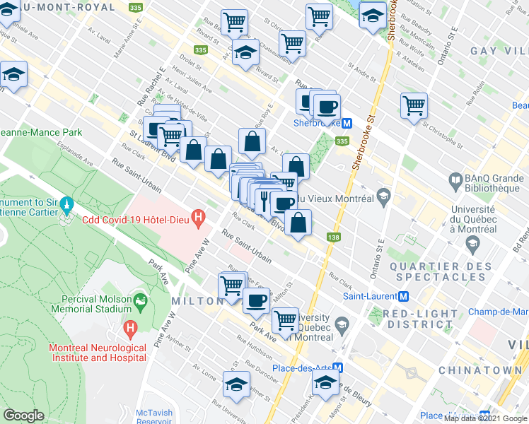 map of restaurants, bars, coffee shops, grocery stores, and more near 3639 Boulevard Saint-Laurent in Montréal