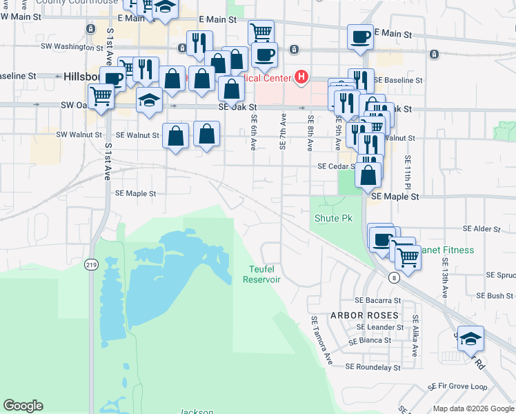 map of restaurants, bars, coffee shops, grocery stores, and more near 741 Southeast Camellia Court in Hillsboro
