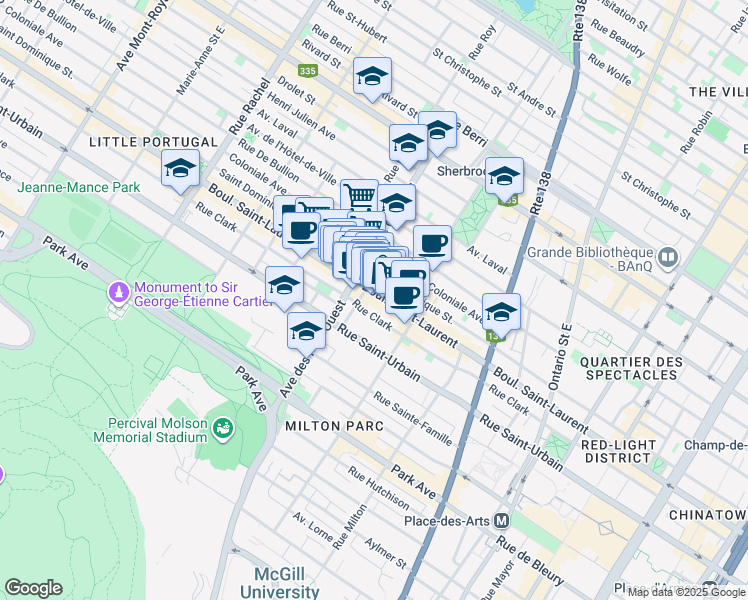 map of restaurants, bars, coffee shops, grocery stores, and more near in Montreal