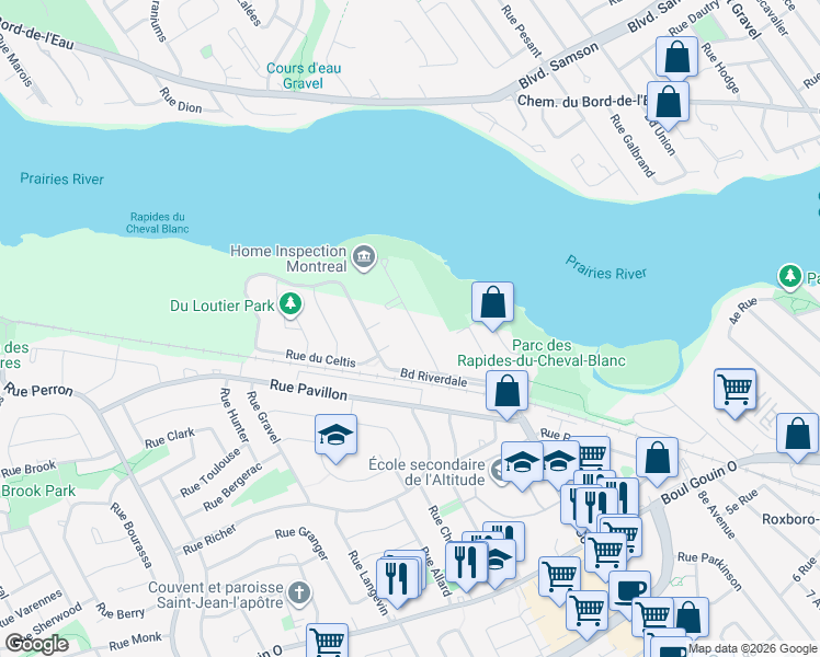 map of restaurants, bars, coffee shops, grocery stores, and more near 5210 Rue Riviera in Montreal