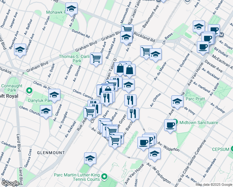 map of restaurants, bars, coffee shops, grocery stores, and more near 2375 Avenue Ekers in Mont-Royal