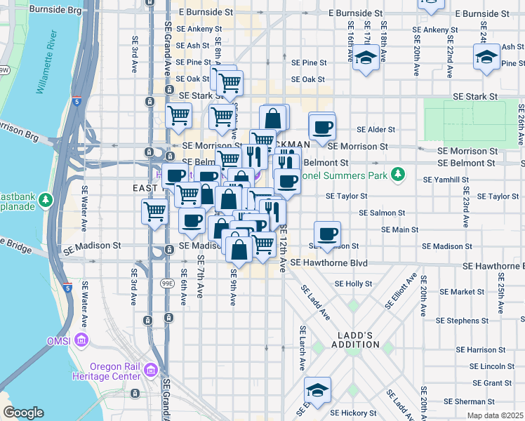 map of restaurants, bars, coffee shops, grocery stores, and more near 1023 Southeast Salmon Street in Portland