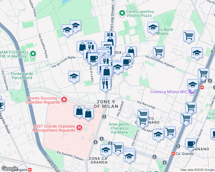 map of restaurants, bars, coffee shops, grocery stores, and more near 7121 Via Luigi Ornato in Milano