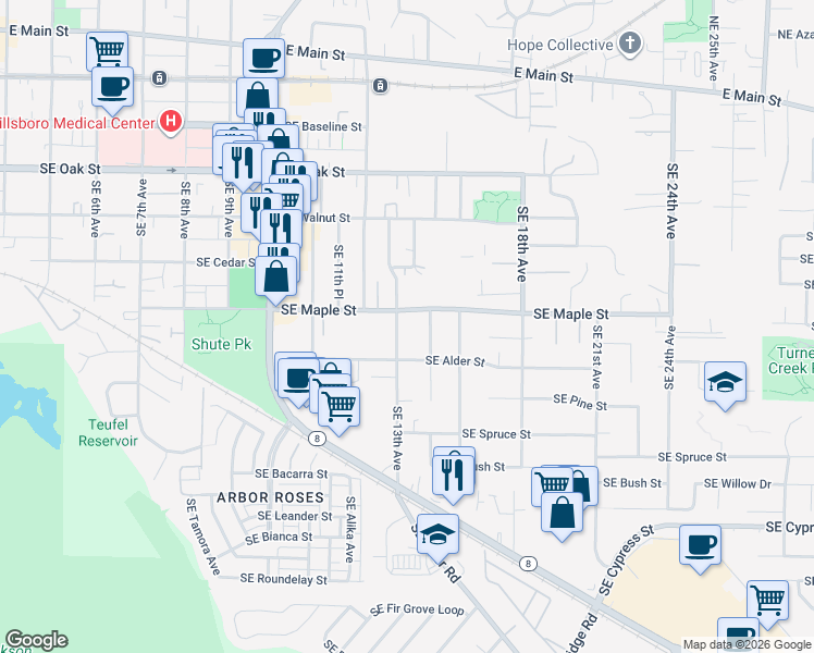 map of restaurants, bars, coffee shops, grocery stores, and more near 736 Southeast 13th Avenue in Hillsboro