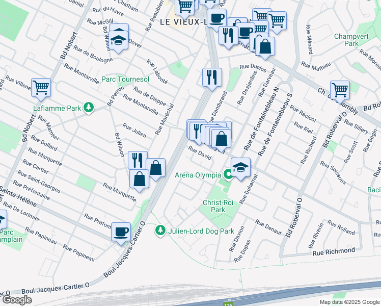 map of restaurants, bars, coffee shops, grocery stores, and more near 613 Rue Didace in Longueuil