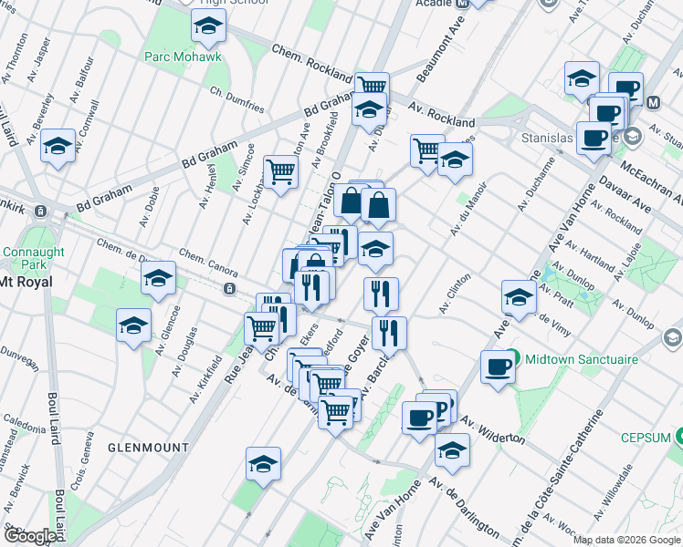 map of restaurants, bars, coffee shops, grocery stores, and more near 2375 Avenue Ekers in Mont-Royal